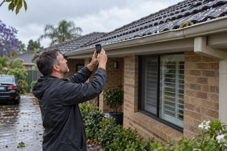 Homeowner checking gutters for hail damage in western Sydney