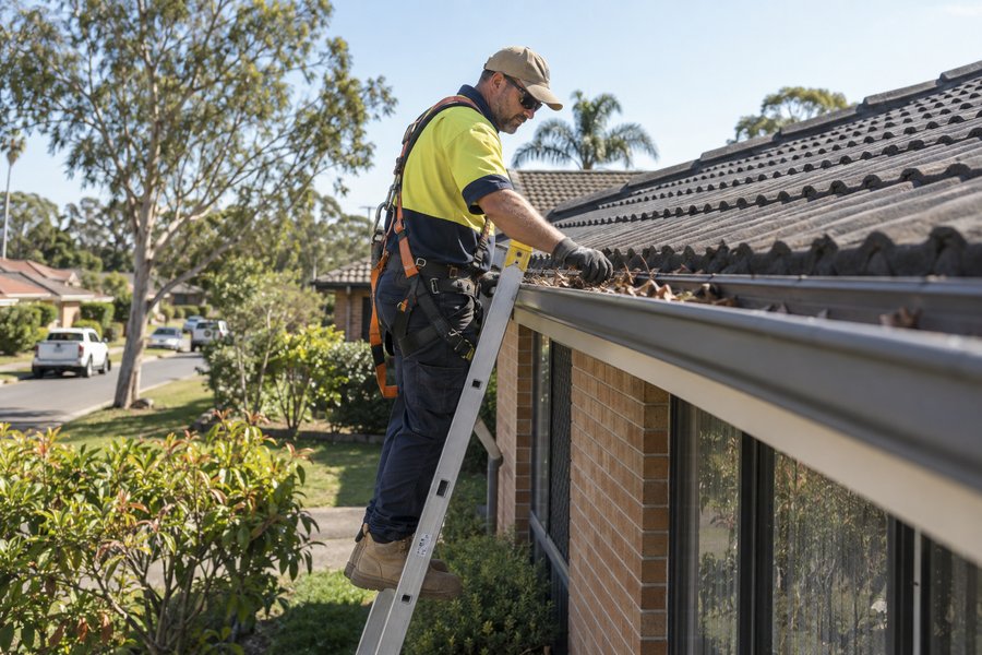 Roofer inspecting gutters before storm season in Blacktown NSW